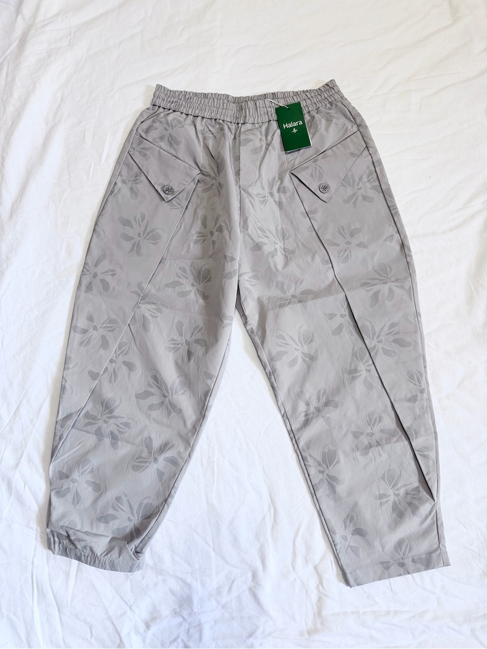 Halara Pinli Floral Lantern Pants Sz L Gray Taper Balloon Barrel High Rise Crop